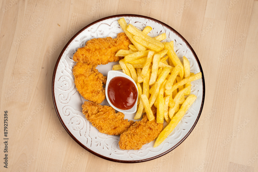 Plate of crispy fried chicken wings with French fries and a side of ketchup on a wooden table Plate of crispy fried chicken wings with French fries and a side of ketchup on a wooden table