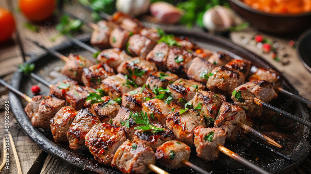 Grilled meat skewers, a popular dish in Azerbaijan. Grilled meat skewers, a popular dish in Azerbaijan.