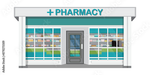 Building exterior front view and interior of drug store.