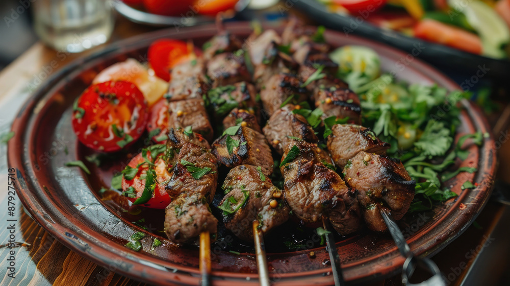 Grilled meat skewers with fresh vegetables on a plate. Traditional Azerbaijani dish. Photo of healthy and delicious food.