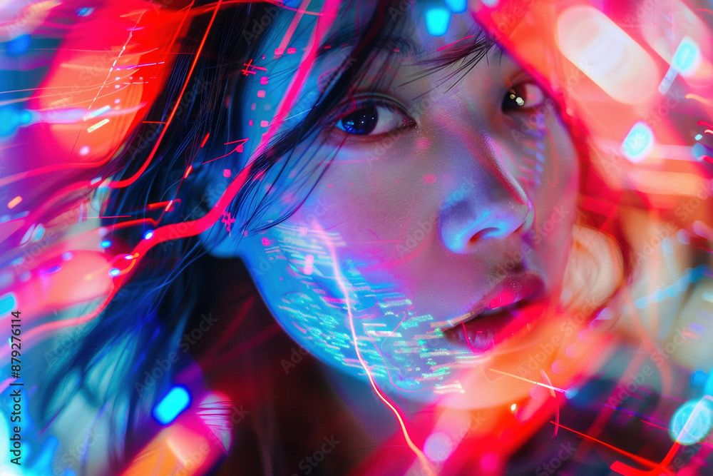 Close-Up Portrait of Asian Girl with Glitch Double Exposure Effect