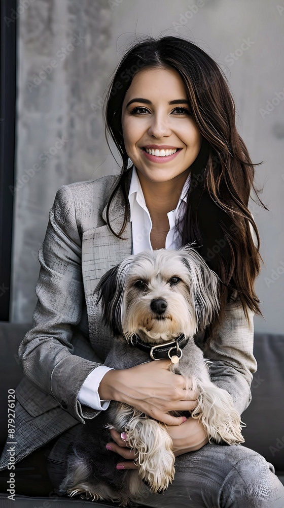 A professional woman in a suit sitting with a small dog on her lap, smiling warmly at the camera.
