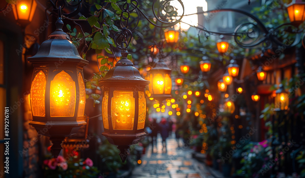 A street with many lit lanterns hanging from the ceiling. The lanterns are lit up and create a warm and inviting atmosphere A street with many lit lanterns hanging from the ceiling. The lanterns are lit up and create a warm and inviting atmosphere
