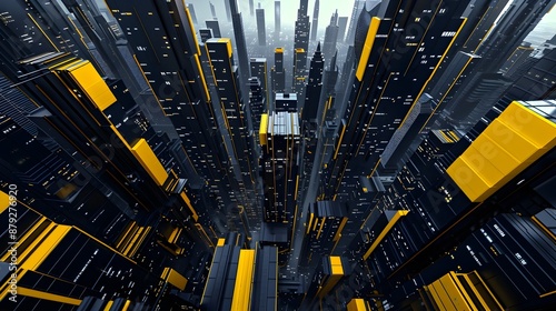 Futuristic Cubist Cityscape with Towering Black and Yellow Skyscrapers