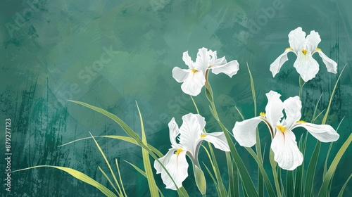 Japanese iris blossoms against green backdrop