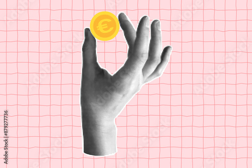 Halftone collage with a hand holding a euro coin. Banner with concept of payment and financial planning, saving, business. Cut out element on a pink checkered background.
