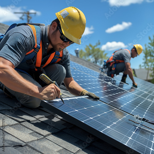 Technicians in yellow helmet installing solar panels on a rooftop under a blue sky.