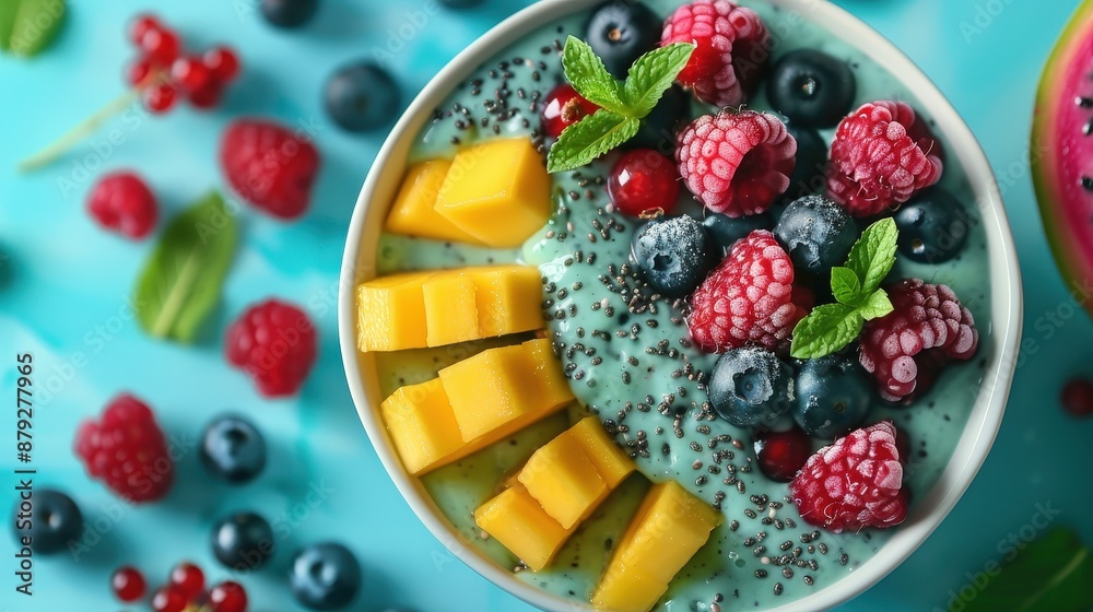 A close-up of a vibrant blue smoothie bowl topped with fresh mango, raspberries, and blueberries A close-up of a vibrant blue smoothie bowl topped with fresh mango, raspberries, and blueberries