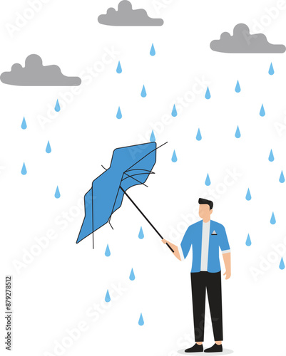 Useless or meaningless effort disappointment mistake or difficulty trouble or struggle mistake or bad decision concept frustrated wet businessman with broken useless umbrella in the rain