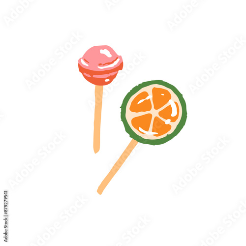 Hard candies on stick. Sweet lollipops, tasty lolipops, lollypops. Sugar bonbons. Lolly caramel with fruit flavor. Cute suckers. Flat isolated hand drawn vector illustration on white background