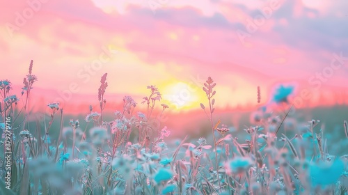 Wildflowers sway in the breeze as the sun sets behind a field, casting a warm, pink glow across the landscape