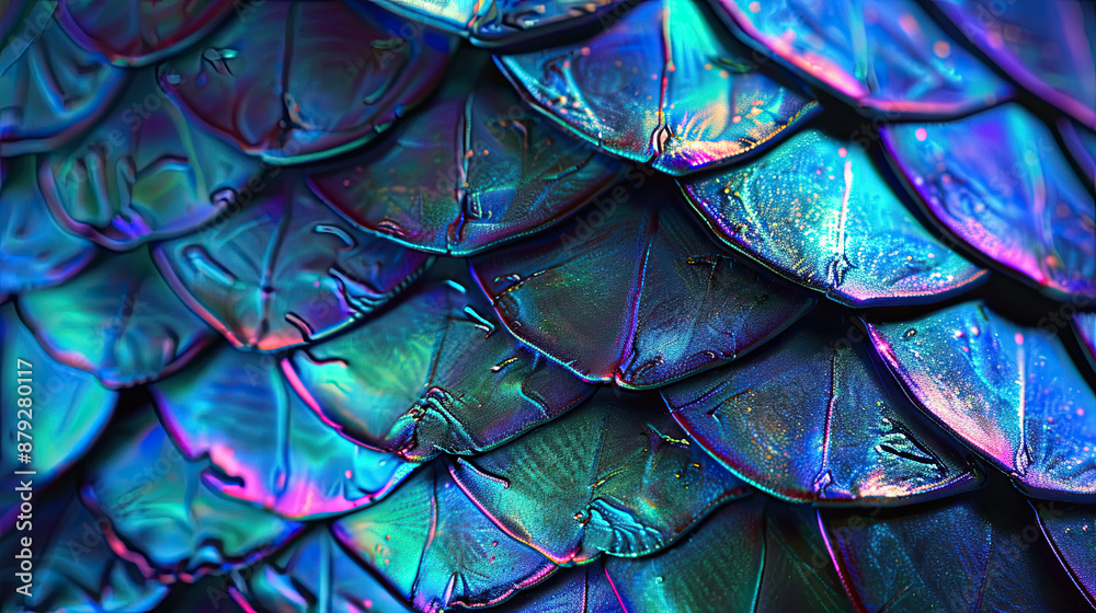 Obraz premium Holographic Mermaid Scales Background: Neon Light Trendy Design, Colorful and Luminous Visual Aesthetic