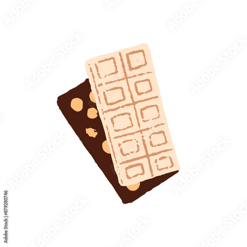 Milk and dark chocolate bars. Sticks of cocoa candies with pieces of biscuit, nuts. Tasty dessert, sweet food, treat. Confectionery. Flat isolated hand drawn vector illustration on white background