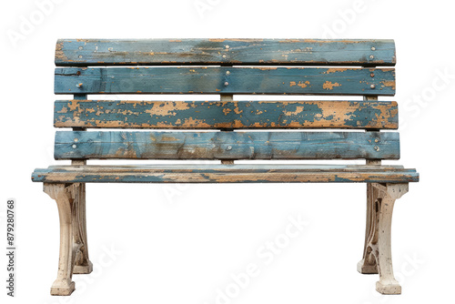 old wooden park bench isolated on white or transparent png photo