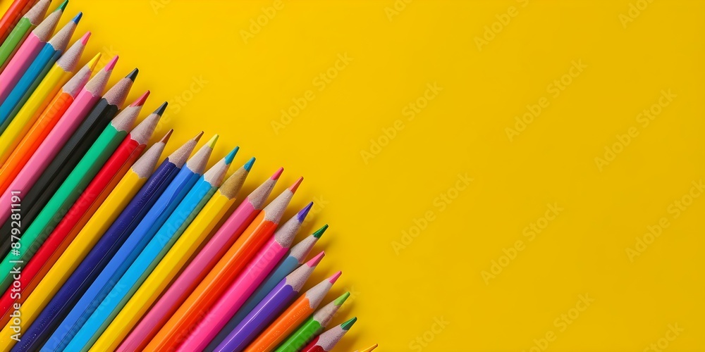 Vibrant school supplies on yellow background with empty space top view. Concept School Supplies, Vibrant Colors, Yellow Background, Top View, Empty Space Vibrant school supplies on yellow background with empty space top view. Concept School Supplies, Vibrant Colors, Yellow Background, Top View, Empty Space