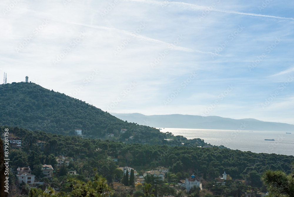 Naklejka premium Scenic view of Buyukada Island in Istanbul, with lush green hills, houses, and the sea in the background