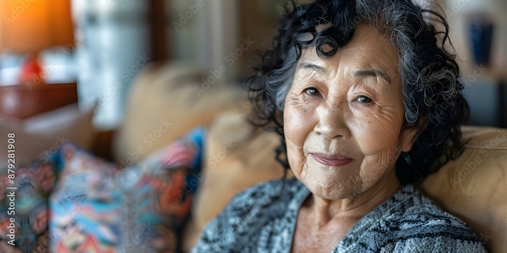 Happy Elderly Asian Woman with Curly Hair Relaxing on a Cozy Sofa. Concept Elderly, Asian, Woman, Curly Hair, Cozy Sofa Happy Elderly Asian Woman with Curly Hair Relaxing on a Cozy Sofa. Concept Elderly, Asian, Woman, Curly Hair, Cozy Sofa
