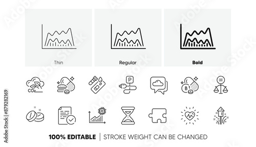 Co2 gas, Thiamine vitamin and Puzzle line icons. Pack of Overeating pills, Charging parking, Medical tablet icon. Fireworks, Ethics, Compliance pictogram. Coronavirus statistics. Line icons. Vector
