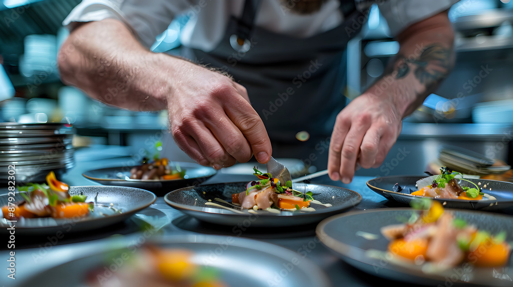 Close-up of a chef’s hands expertly plating a gourmet dish in a high-end restaurant kitchen, capturing the artistry and precision of culinary arts.
Close-up of a chef’s hands expertly plating a gourmet dish in a high-end restaurant kitchen, capturing the artistry and precision of culinary arts.