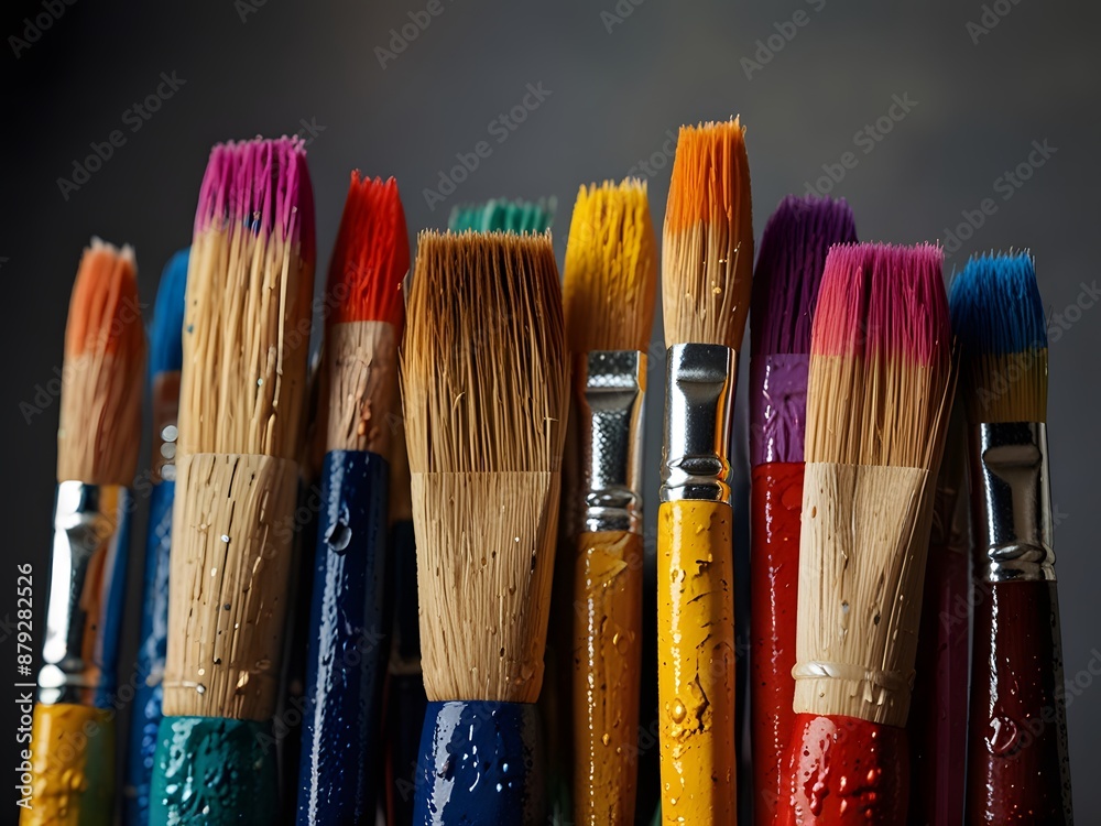 Fototapeta premium A close-up of colorful paintbrushes with various bristle types, isolated on white