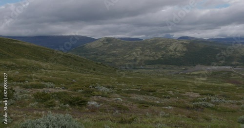 Summer in Norway. Dovrefjell-Sunndalsfjella National Park. Viewpoint SNØHETTA. Architectural viewing pavilion overlooking Tverrfjellet mountain at Hjerkinn. 