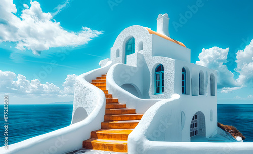 A white building with a blue window and a staircase leading up to it