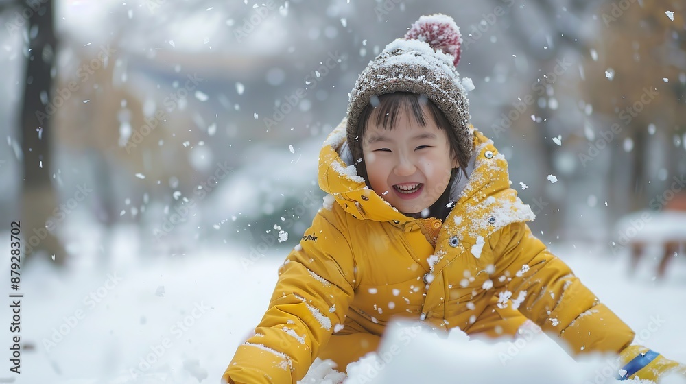 Cute Asian child sliding on snow in the park. copy space for text. Cute Asian child sliding on snow in the park. copy space for text.