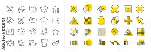 Boiling time, Frying pan and Kitchen utensils. Design shape elements. Cooking line icons. Fork, spoon and knife line icons. Recipe book, chef hat and cutting board. Vector