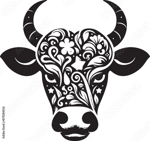 black and white illustration of a Cow head