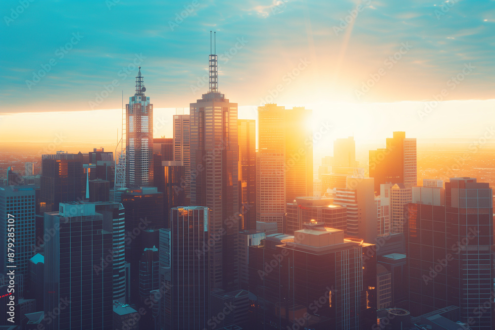 Naklejka premium Sunset Backlight Shining Through CBD Skyscrapers