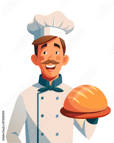 vector of smiling chef holding a bread against white background