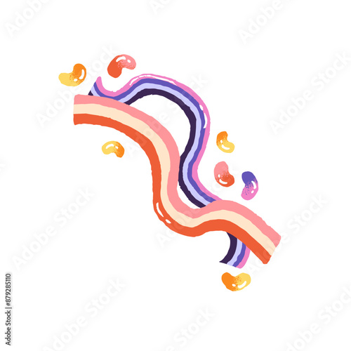 Sweet marmalade candies with different shapes. Rainbow sugar gummy stripes, beans. Fruit chewing jelly strips. Dessert, confection. Flat isolated hand drawn vector illustration on white background