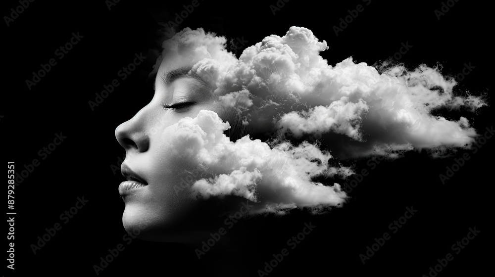 Human Head Made of Clouds on black Background: Creative Concept, Dreamy and Imaginative Art Human Head Made of Clouds on black Background: Creative Concept, Dreamy and Imaginative Art