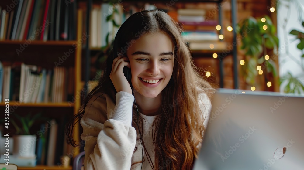 Happy young woman student having video call on laptop computer. Image of beautiful girl play notebook. Happy young woman student having video call on laptop computer. Image of beautiful girl play notebook.