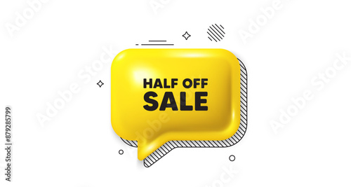 3d speech bubble icon. Half off sale. Special offer price sign. Advertising discounts symbol. Half off sale chat talk message. Speech bubble banner. Yellow text balloon. Vector