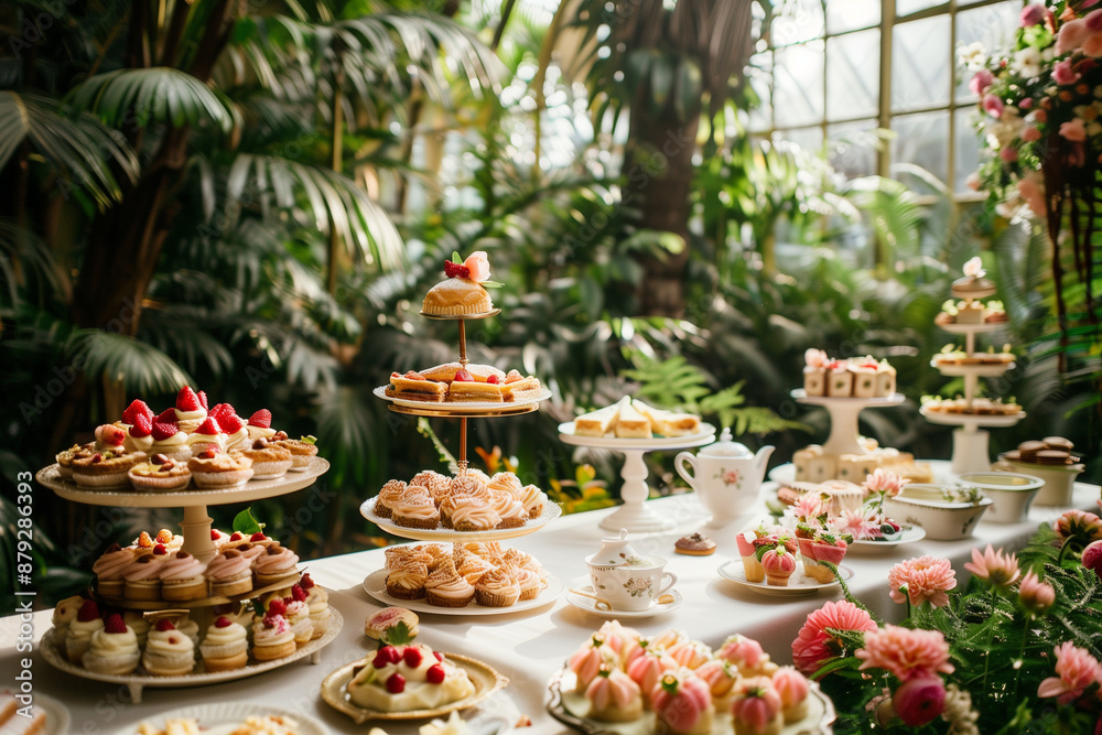 A variety of pastries and desserts elegantly displayed on different levels of stands amidst a lush greenhouse setting with abundant green plants A variety of pastries and desserts elegantly displayed on different levels of stands amidst a lush greenhouse setting with abundant green plants