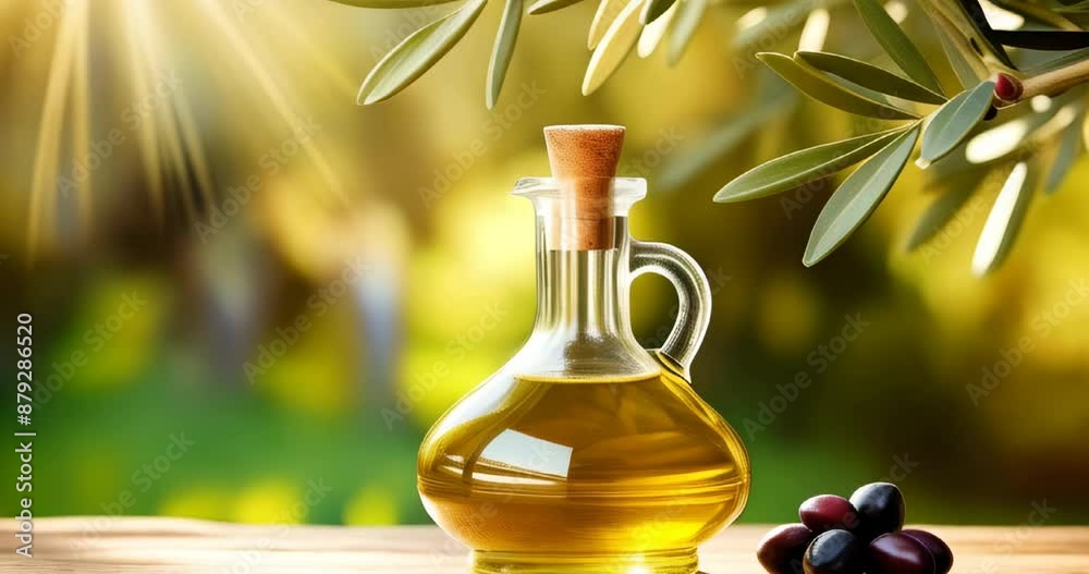 Olive oil in glass bottle and black olives on wood surface, sunny nature olive trees background with copy space