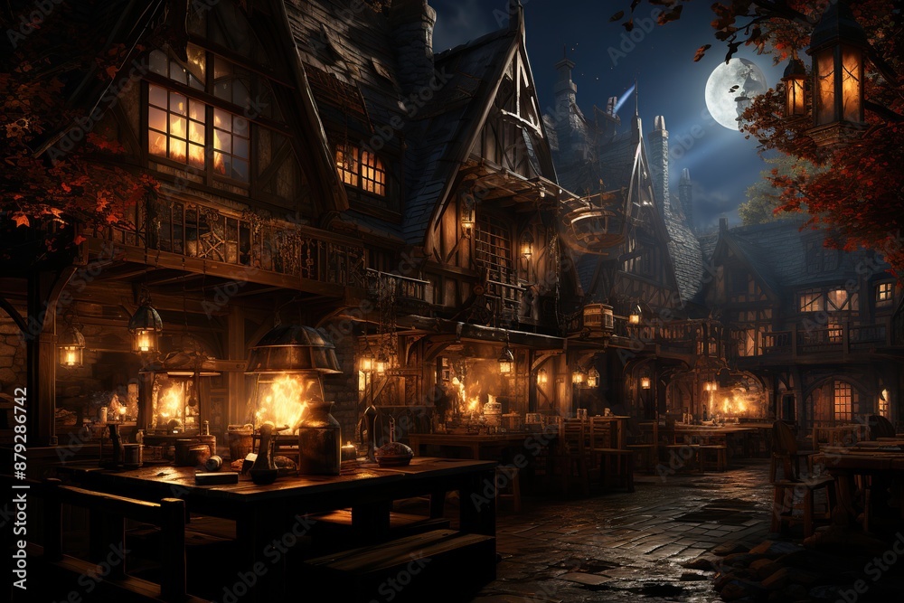 Fototapeta premium fantasy medieval tavern, exterior, illustration