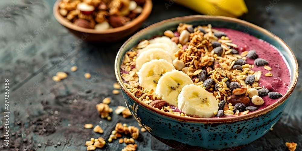 Vibrant Acai Bowl with Granola, Banana, and Cashew Yogurt - Perfect for Adding Text. Concept Acai Bowl, Breakfast Ideas, Food Photography, Healthy Eating, Granola Recipe Vibrant Acai Bowl with Granola, Banana, and Cashew Yogurt - Perfect for Adding Text. Concept Acai Bowl, Breakfast Ideas, Food Photography, Healthy Eating, Granola Recipe