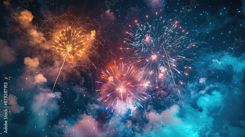 Colorful fireworks lighting up night sky © BINTANG