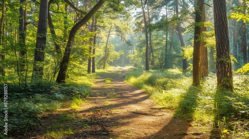 Sunlit Path Through Green Forest.