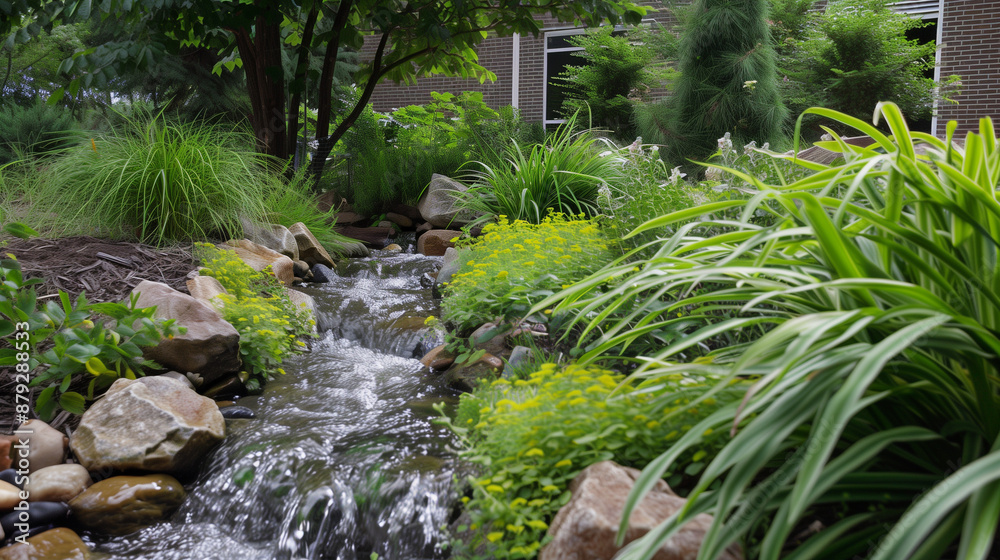A rain garden with bio-drainage, where water flows between green plants against a summer background. A rain garden with bio-drainage, where water flows between green plants against a summer background.
