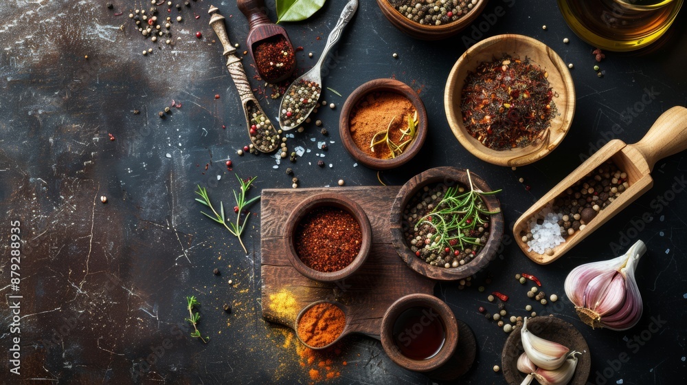 Assorted spices and herbs on a rustic surface Assorted spices and herbs on a rustic surface