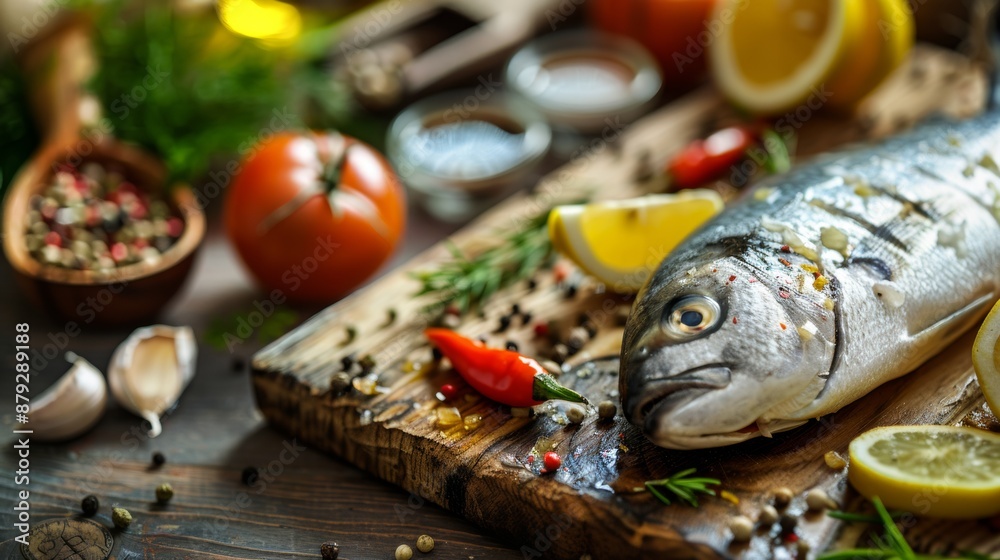Whole fish with spices and vegetables on a wooden board Whole fish with spices and vegetables on a wooden board