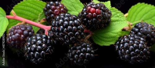 Wallpaper Mural Blackberries with Green Leaves on a Black Background Torontodigital.ca