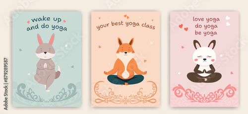 Yoga postcards with cute animal characters. Cartoon animals doing yoga and meditation in lotus pose and tree pose. Inspirational illustration for good mood
