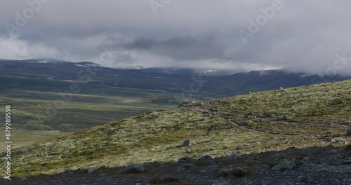 Summer in Norway. Dovrefjell-Sunndalsfjella National Park. Viewpoint SNØHETTA. Architectural viewing pavilion overlooking Tverrfjellet mountain at Hjerkinn. 