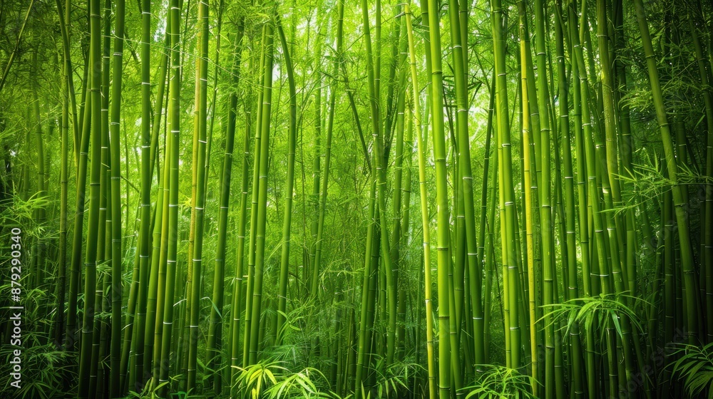 A dense bamboo grove with tall, slender stalks and lush green foliage A dense bamboo grove with tall, slender stalks and lush green foliage