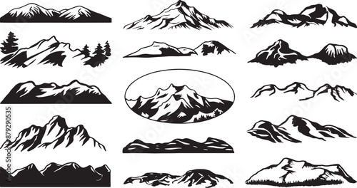 Set of vector hand-drawn mountain illustrations, line art drawing