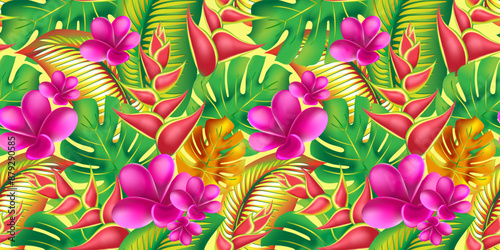 Palm monstera leaves with hibiscus and pink plumeria flowers abstract background. Trendy summer exotic flower print.
